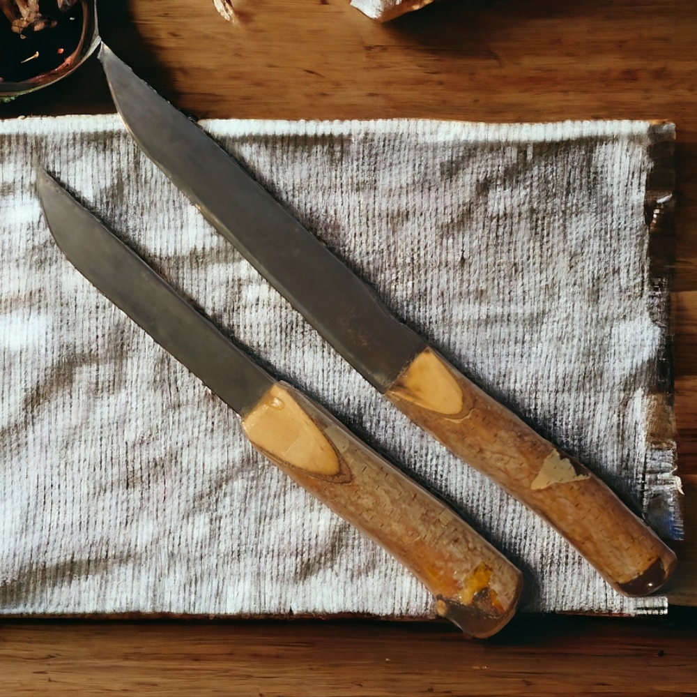 2 Handcrafted Birch Bark Handle Kitchen Boning Carving Hunting Fillet Knives
